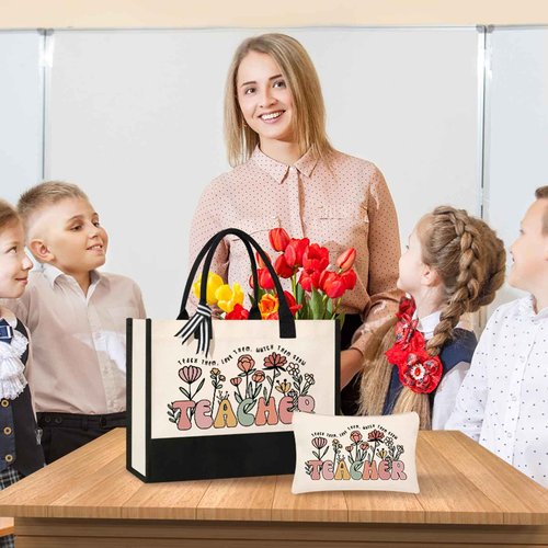 Tecanne Teacher Appreciation Gifts, Canvas Tote Bag and Makeup Bag Set for Women, Thank You Christmas Gift from Student