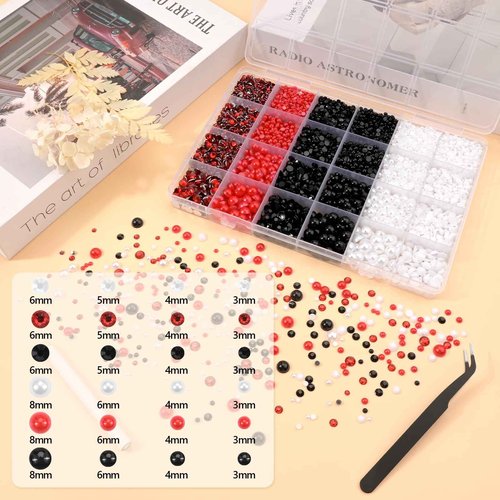 NACHLYNN 10000 Pcs Red White Black Rhinestones and Pearls 3-8mm Half Pearl Bead Resin Rhinestones Kits Comes with Jewelry Pen and Tweezers Suitable for Nail Art Clothing Handmade DIY Decoration