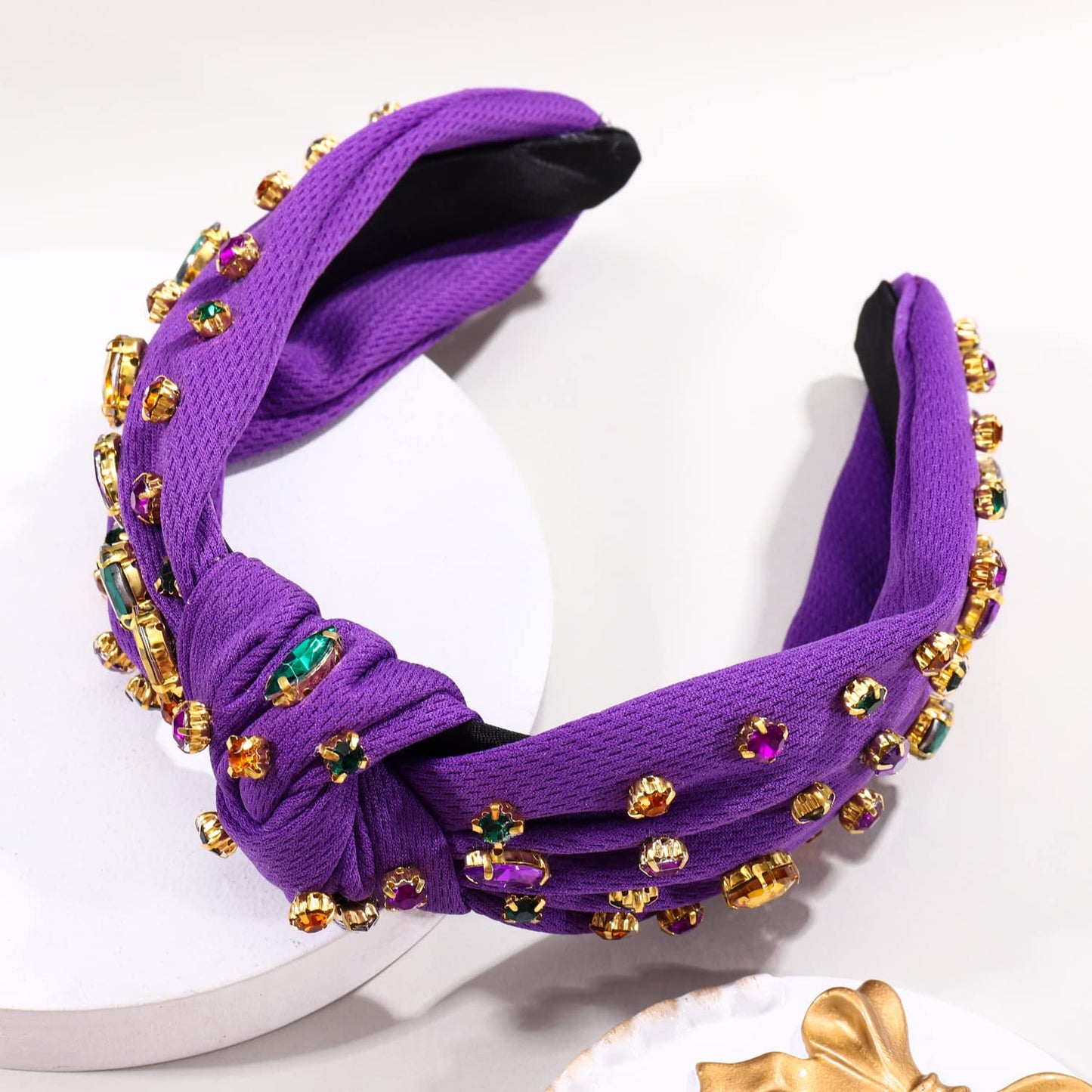 CENAPOG Rhinestone Knotted Mardi Gras Headband for Women Sparkly Crystal Embellished Hairbands Twist Turban Headband Elastic Wide Velvet Hair Hoop Party Holiday Headwear for Girls (Mardi gras colors)