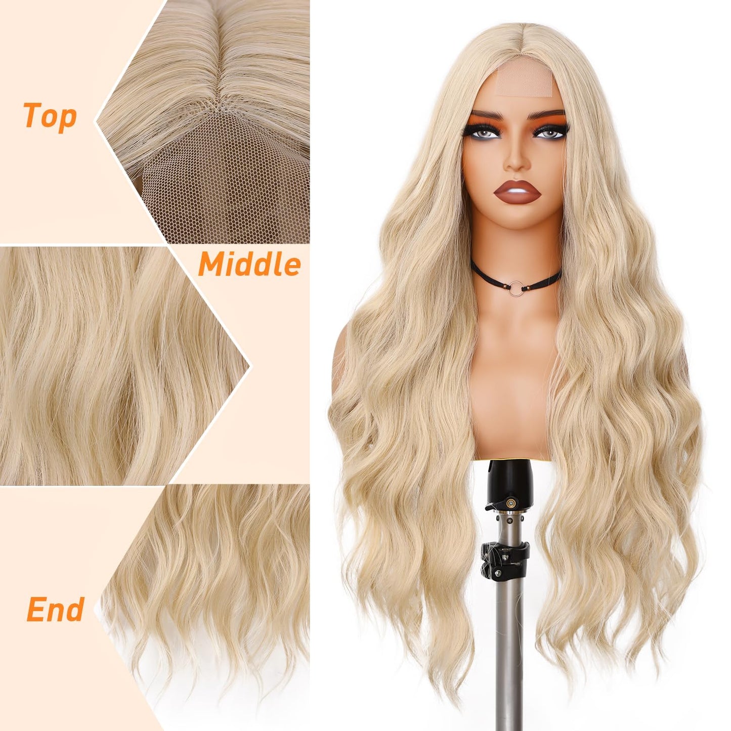 FAVE Long Blonde Wig Wavy Synthetic Wig Platinum Blonde Wig Middle Part Natural Blonde Wig Wigs for White Women