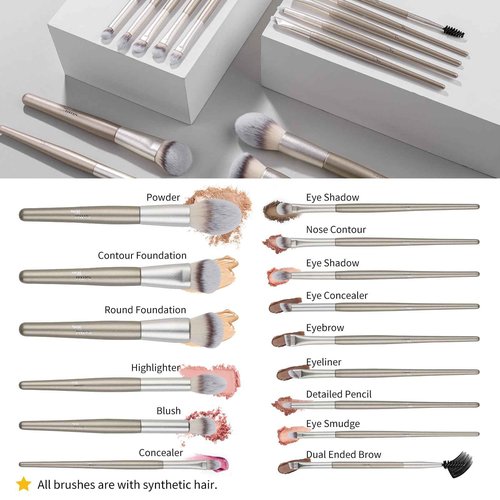 15 Pcs Makeup Brushes Set Vegan Foundation Concealers Blush Eyeshadow Eyeliner Powder Highlighter Blending Face Brush Set