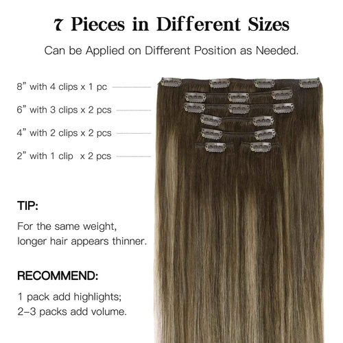 HOTBANANA Human Hair Clip in Hair Extensions, Balayage Chocolate Brown with Honey Blonde 120g Clip in Hair Extensions Real Human Hair Straight Remy Hair Clip Ins Dark Roots Ombre 14 Inch 7pcs