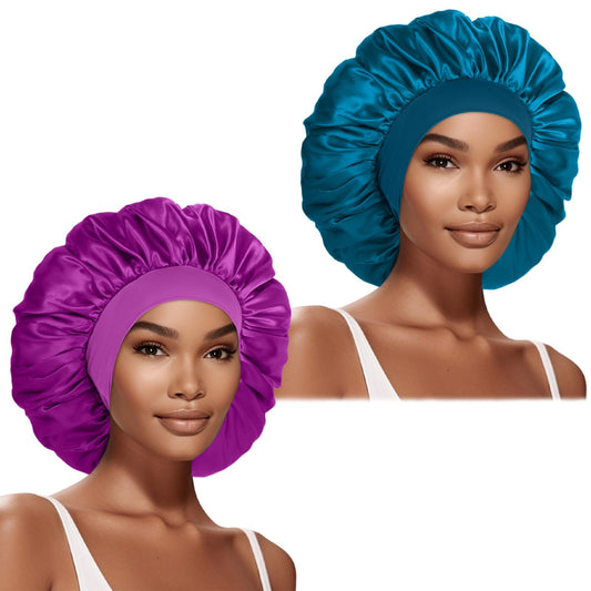 2 Pcs Extra Large Satin Hair Bonnet for Sleeping Cap 17 inches Jumbo Silk Sleep Bonnet for Women (Teal & Purple)