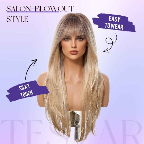 testar Long Blonde Straight Wigs With Bangs Long Ombre Blonde Synthetic Layered Wigs for Women Daily Use 26IN
