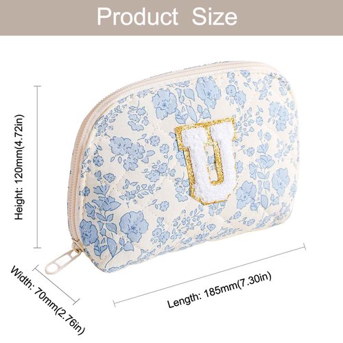 WHHJM Initial Dome Cosmetic Makeup Bag Small Cotton Quilted Makeup Pouch for Purse Cute Blue Floral Travel Toiletry Zipper Pouch (Blue Floral U)