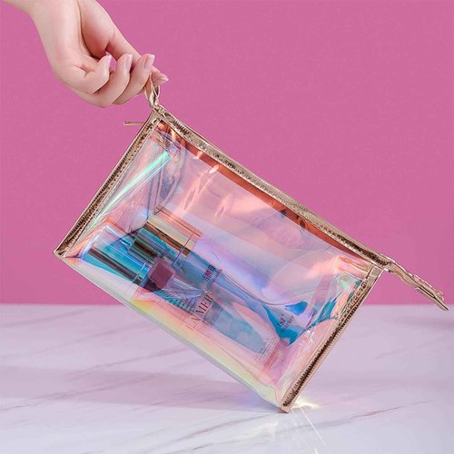 Voittozege 10 Pcs Holographic Makeup Bag Bulk Iridescent Makeup Pouch Clear Bachelorette Bag Portable Zippered Toiletry Bag Waterproof Cosmetic Gift Bags for Organizer, Brushes,Women Gifts