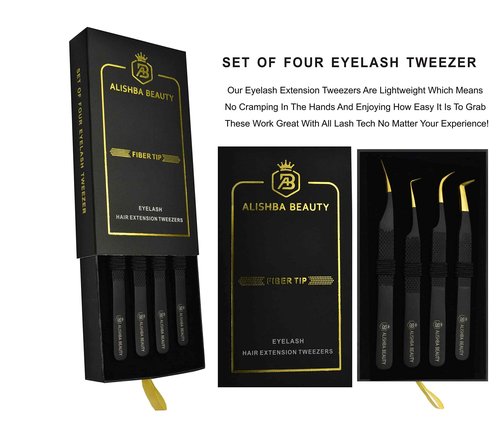 BEAUTICS Alishba Beauty Eyelash Extension Tweezers, Precision Fiber Tip Grip Japanese Stainless Steel Profiessional (Set of 4 Eyelash Tweezer) (BLACK GOLD)