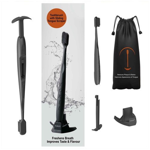 TOKII Tongue Scraper Cleaner Charcoal Bristles Toothbrush for Bad Breath with Waterproof Pouch for Travel, Hygienic Stand and Enviromentally Friendly (Black, Pack of 1)