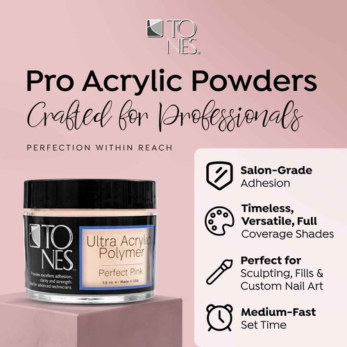 Tones Pro Acrylic Nail Powder, Perfect Pink (Soft Pastel Pink), (3.5 Fl Oz) - Long-Lasting & Non-Yellowing Polymer for Salon Quality Nail Extensions & 3D Art