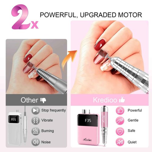 Kredioo Portable Nail Drill 35000 RPM, Rechargeable Electric Nail File E File Kit with Storage Bag Professional Manicure Kit for Nail Lovers Salon Home DIY-Pink
