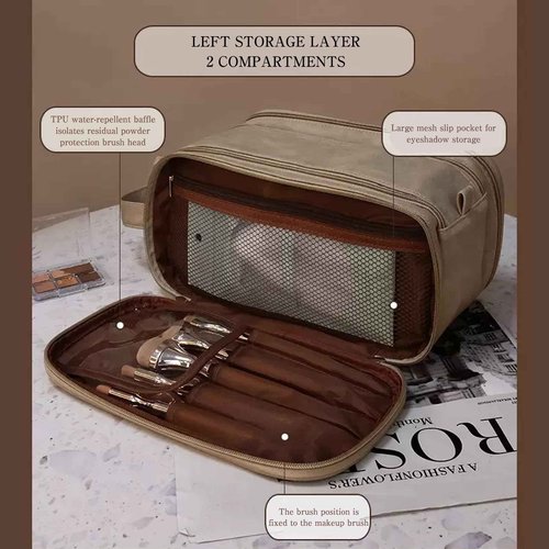 Cozomga 3 - Layer Large - Capacity Makeup Cosmetic Toiletry Bag with Double Zippers & Wide Opening, Portable Travel Organizer for Cosmetics & Toiletries-Light Brown