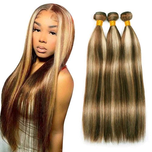 Blonde Bundles Human Hair Straight Bundles 18 20 22 Inch Unprocessed Brazilian Virgin Remy Hair 3 Bundle P4/613 Highlight Blonde Straight Human Hair Extensions 50 Gram Per Bundle
