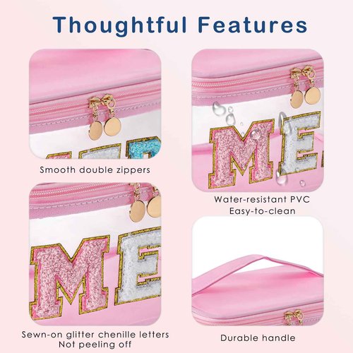 Chenille Letter Clear Medicine Makeup Bag, Large Size Waterproof Nylon Cosmetic Toiletry Storage bag with Top Handle, Transparent Meds First Aid Travel Organizer Cosmetic Bag(02Light Pink)