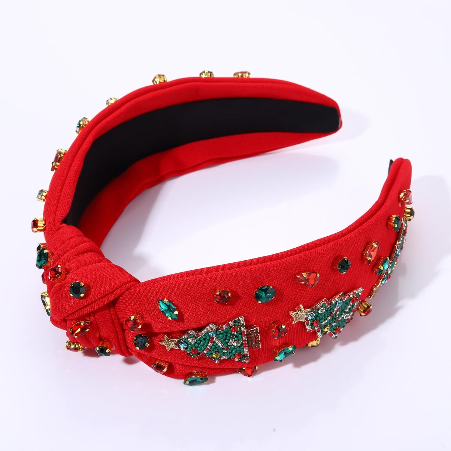 Christmas Headband for Women Jeweled Xmas Plaid Headband Embellished Crystal Pearl Knotted Headbands Wide Top Knot Holiday Headband Christmas Hair Accessories Holiday Outfits Gifts (Christmas Tree 7)