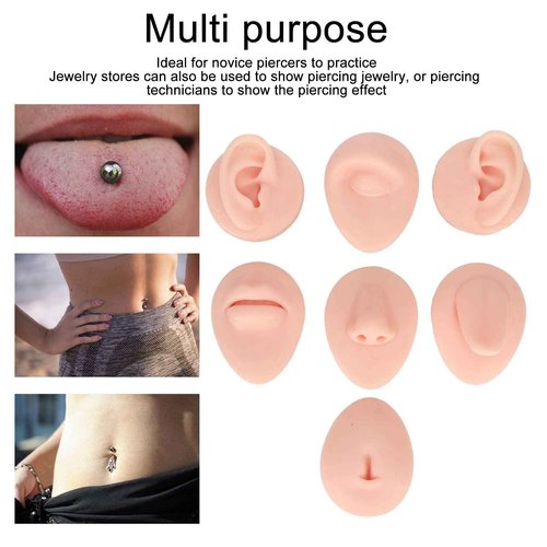 Soft Silicone Flexible Model Body Part, Silicone Nose Tongue Mouth Eye Navel Ear Model Fake Ear with 2 Base for Piercing Practice Acupuncture and Jewelry Display Teaching Tool (Light Skin Colour)