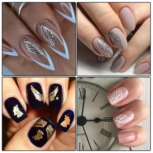 Angel Wings Nail Stickers Laser Metallic Angel Wings Nail Decals 3D Self-Adhesive Holographic Gold Silver Wings Letter Decals Stickers Design Nail Art Supplies for Nails Manicure Decorations 6 Sheets