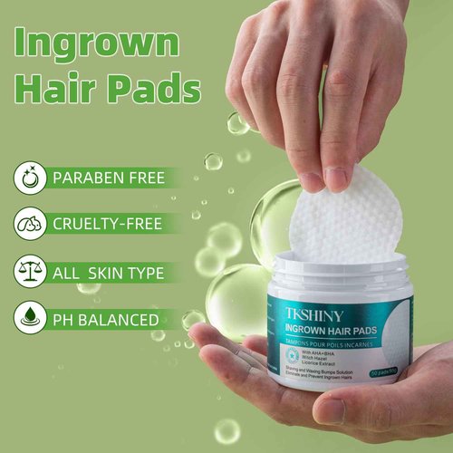 TKSHINY Ingrown Treatment Hair Pads, Ingrown Treatment Pads with AHA+BHA, Ingrown Hair Wipes For Bikini Area, Razor Bumps, Underarm , Exfoliate Skin,Ingrown Hair Serum for Face, Neck, 50 Pads