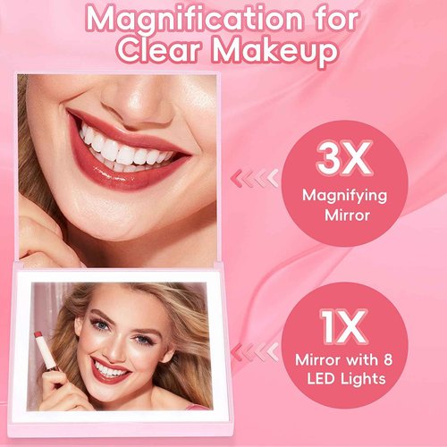 ALLROSE Compact Mirror, 1X/3X Magnifying Travel Mirror with Light Small Purse Mirror Pocket Mirror for Makeup, Mini LED Portable Handheld Makeup Mirror Travel Essentials Gifts for Women Girls, Pink