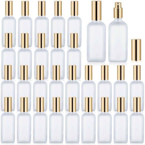 Gabotrie 30 Pcs Glass Spray Bottle, 3.4 oz/ 100 ml Perfume Empty Bottles, Frosted Glass Spray Bottles, Refillable Clear Decorative Bottle with Gold Fine Mist Sprayer Pump for Face Body Travel