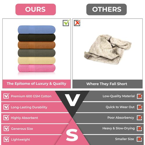 QUBA LINEN 100% Cotton Bath Towel Set – Soft, Absorbent Towels for Bathroom, Spa & Gym Use – Durable, Reusable & Machine Washable Bath Towels - Multi-Color, 27 x 54 Inches, Pack of 6