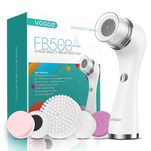 VOGOE Facial Cleansing Brush Rechargeable, Spin Face Wash Brush IPX7 Waterproof Electric Face Scrubber Exfoliator, 3 Speeds & 5 Brushes for Cleansing and Exfoliating, White