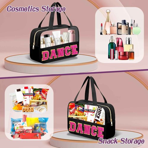 AIHSUMC Dance Gifts Chenille Letter Bags, Clear Dance Makeup Bag with Handle and Zipper Nylon Portable PVC Storage Organizer Waterproof Travel Cosmetic Toiletry Bag for Women, Dance Competitors