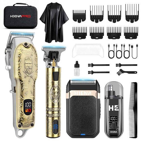 HIENA PRO Hair Clippers for Men Professional, Cordless Barber Clipper and T-Blade Beard/Hair Trimmer Set, Electric Razor Foil Shaver Nose Trimmer Barber Kit, Men's Hair Cutting Kit (814 Set)