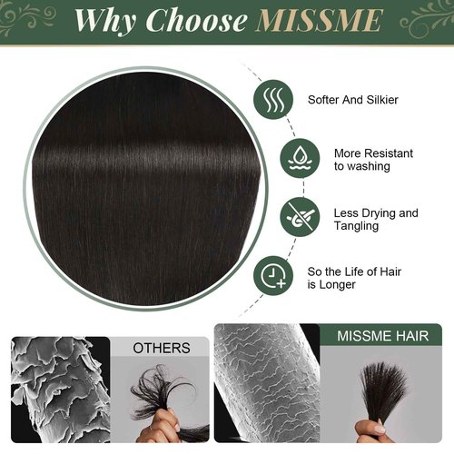 Missme Tape in Hair Extensions Human Hair 16 inch 20 Pcs 40g #1B Natural Black Tape ins Human Hair Extensions Remy Hair Skin Weft Seamless Invisible Silky Straight Thick Ends Add Length