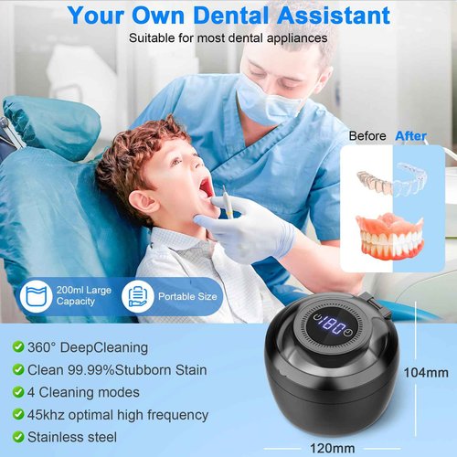 45kHz Ultrasonic Retainer Cleaner Machine, 200ML Denture Cleaner, 4 Modes with Digital Timer Mouth Guard Cleaner, Night Guard Cleaner Dental Cleaning Pod for Aligner, Braces, Jewelry (Dark Black)