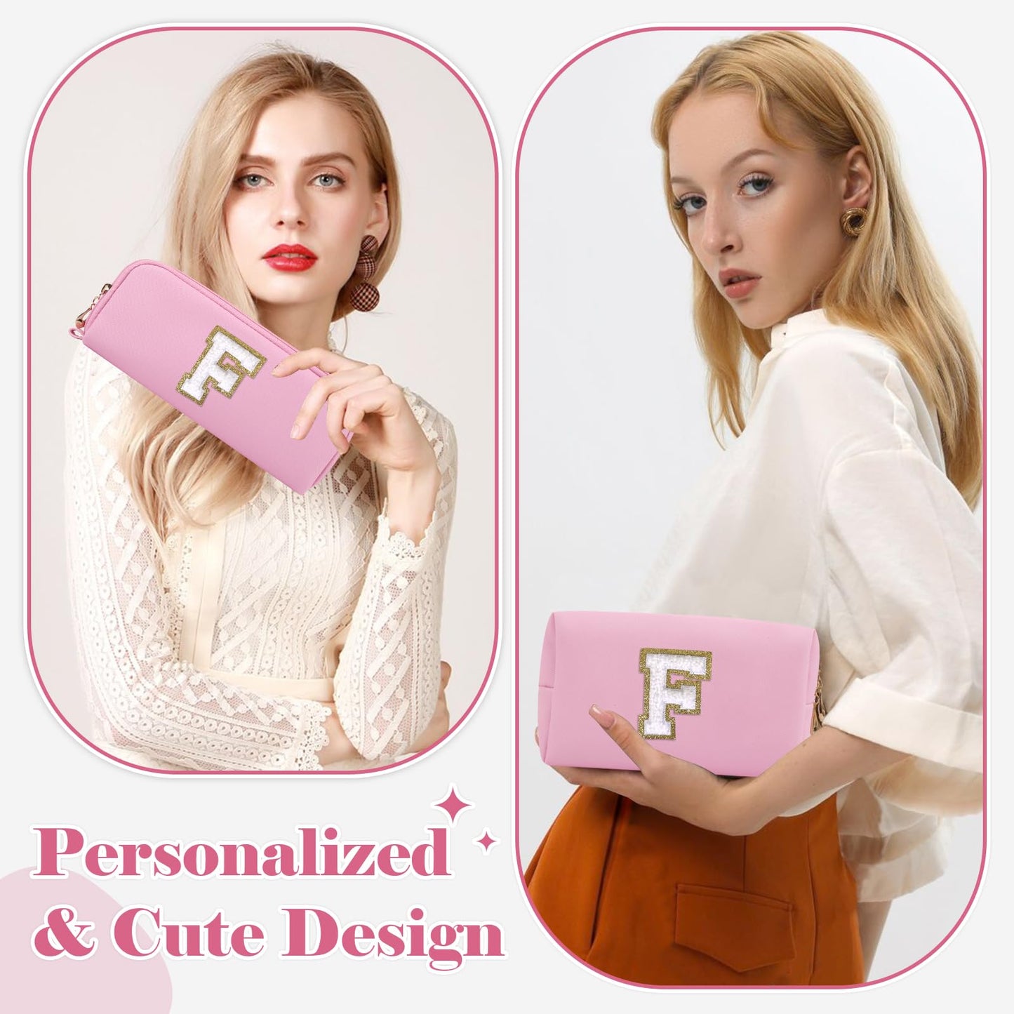 2Pack Personalized Initial Letter Patch Makeup Bag,Pink Cute Preppy Cosmetic Bag with Small Makeup Brush Bag,PU Travel Toiletry Zipper Pouch,Personalized Gifts for Women Teen Girls Friend Mom,Letter F