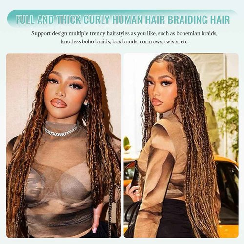 Human Braiding Hair for Boho Braids Deep Water Wave Bulk Human Hair for Braiding Curly Wet and Wavy 4/27 Brown with Honey Blonde Highlight Twist Hair Braiding 14 Inch No Weft 2 Bundles 100G