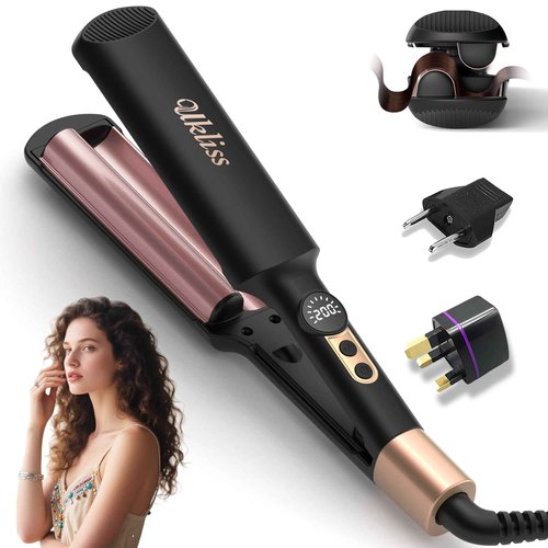 Ukliss Crimper Hair Tool Mini 0.4 Inch Travel Waver Hair Tool for Women Small Double Barrel Waver S Curling Iron Dual Voltage (110-240V) with European Plug Adapter, 5 Temps, Anti-scalding (Black Gold)