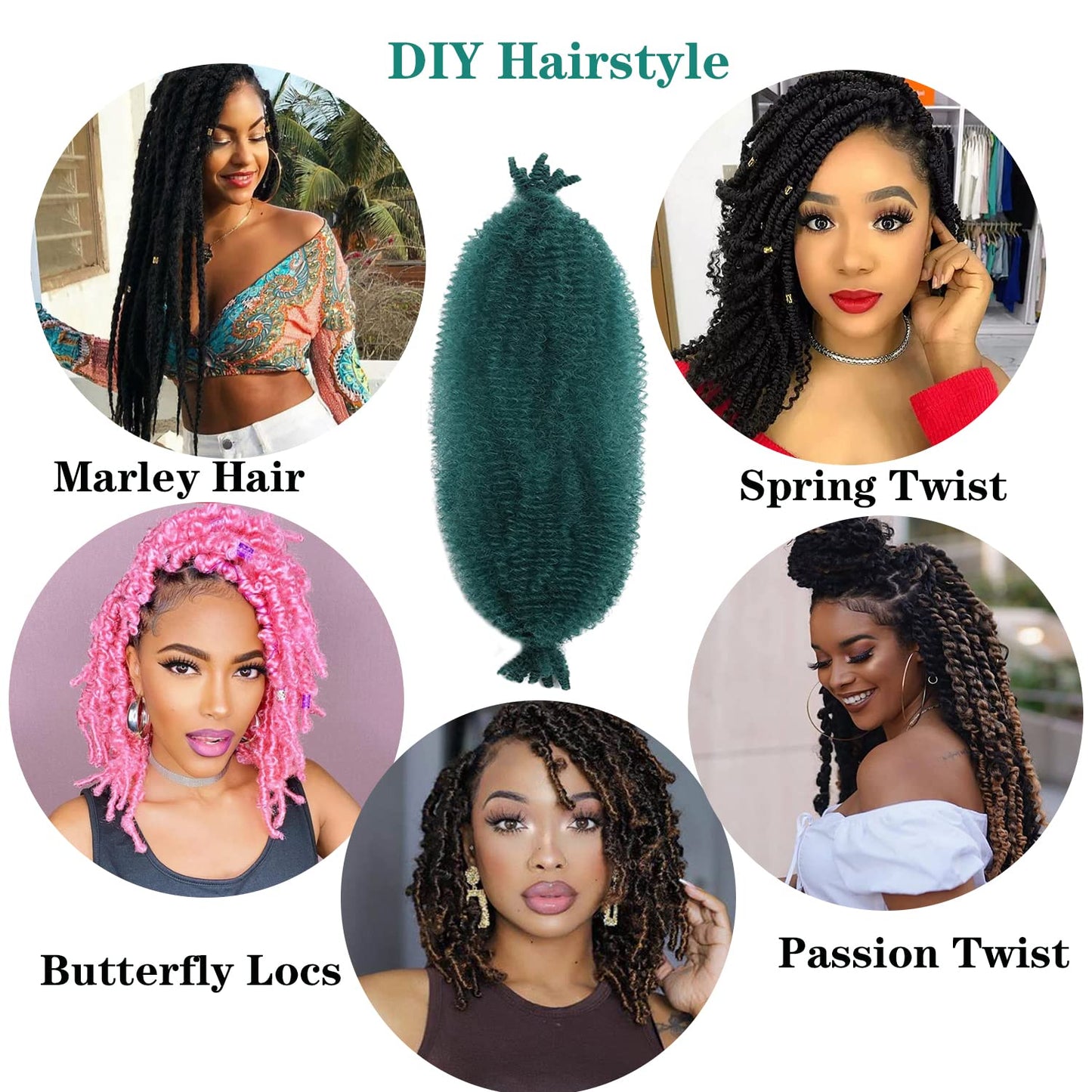 Marley Hair 16 Inch Springy Afro Twist Hair 2 Packs Marley Twist Braiding Hair for Faux Locs Crochet Hair Dark Green Braiding Hair Extensions for Black Women (16Inch(Pack of 2), Dark Green)