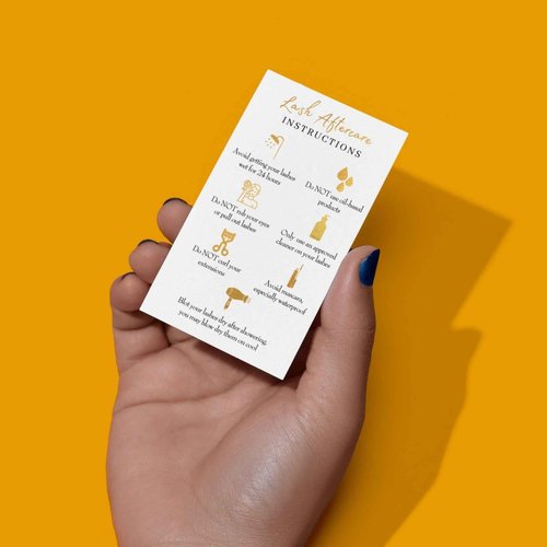 Lash Extension Aftercare Instructions Cards | 50 Pack | Size 3.5x2" inches After Care (2-3 Week Fillers) | White with Gold Icons Design