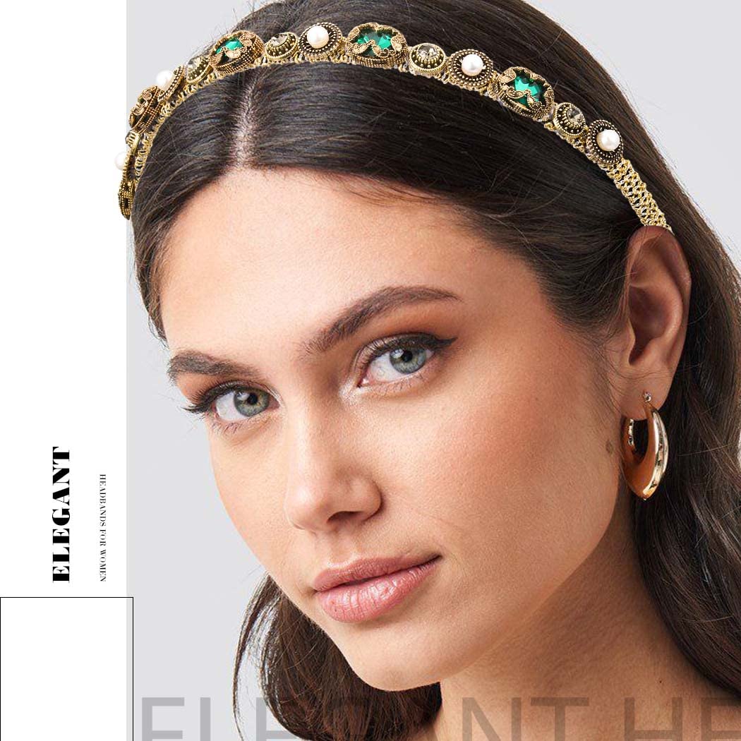 Coridy Gold Baroque Headbands Thin Rhinestones Hairbands Emeralds Hair Hoop Beaded Hair Ties Bejewelled Embellished Head bands (Fashion)