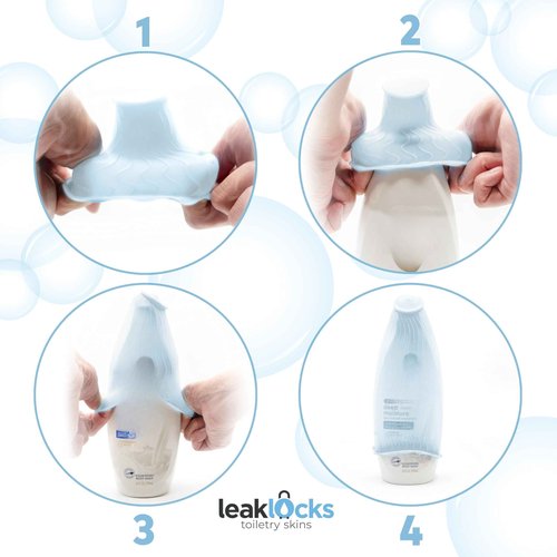 LeakLocks® Toiletry Skins™ Elastic Sleeve for Leak Proofing Travel Container in Luggage. For Standard and Travel Sized Toiletries. Reusable Accessory for Travel Bag Suitcase and Carry-on Luggage