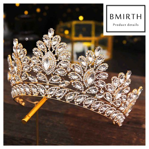 Bmirth Baroque Crown and Tiara Gold Crystal Pearl Bride Wedding Queen Crowns Decorative Princess Tiaras Rhinestone Hair Accessories for Women and Girls (L)