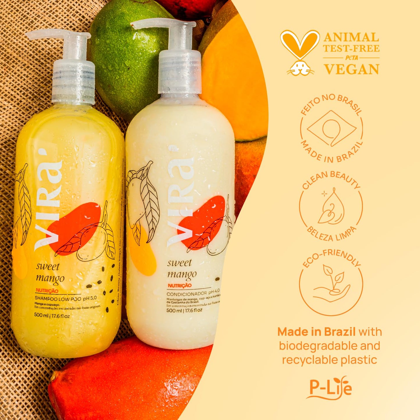 VIRÁ Brazilian Shampoo and Conditioner Set, Parabens Free, Curly and Wavy Hair, Deep Moisturizing and Nourishing Treatment, Volume Control, Sweet Mango 17.6 Fl Oz Each