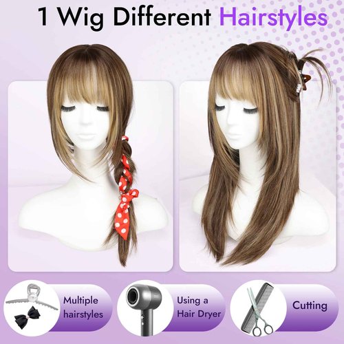 Eawwii Wig with Bangs for Women Ash Blonde with Silver Highlights-Dark Roots Straight Face-Framing Layers Hairstyle 4x4 Realistic Scalp Glueless Synthetic Wigs Medium Length for Everyday Use