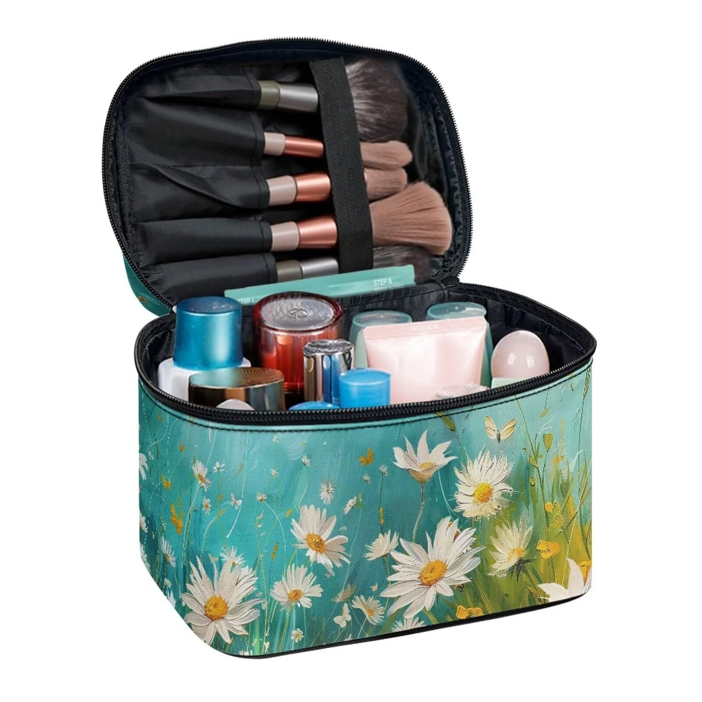 Biyejit Oil Painting Daisy Makeup Bag Cosmetic Bag for Women Cosmetic Portable Travel Makeup Bag Large Travel Toiletry Bag Make Up Bag Brush Bags Reusable Toiletry Bag