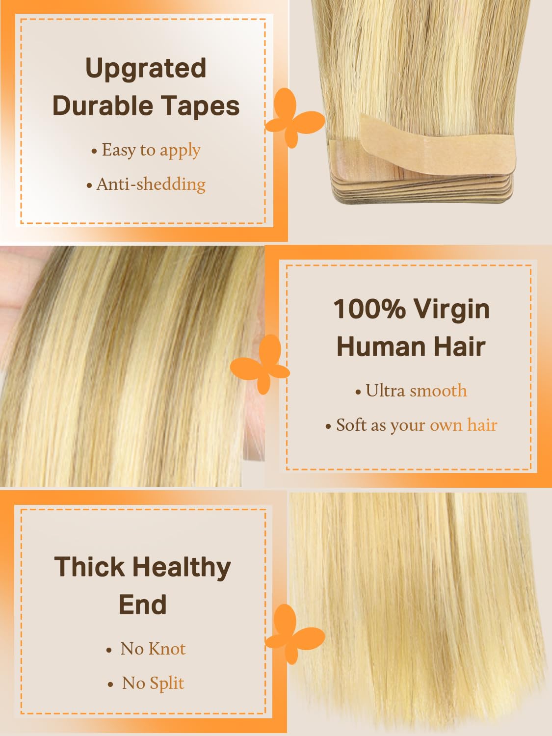 DOORES Tape in Hair Extensions Human Hair, 10pcs 25g 14 Inch Drity Blonde Highlight Golden Blonde, Human Hair Extensions Natural Hair Extensions Seamless Straight