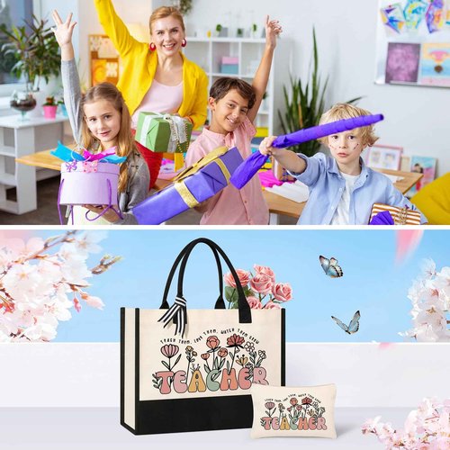 Tecanne Teacher Appreciation Gifts, Canvas Tote Bag and Makeup Bag Set for Women, Thank You Christmas Gift from Student