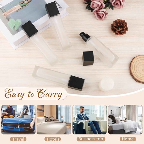 BOSMIOW 4Pcs 60ml/2oz Frosted Glass Liquid Foundation Bottle,Clear Square Lotion Pump Bottles,Matte Glass Cosmetic Cream Dispenser Bottle,Travel Essential Oils Emulsion Essence Container