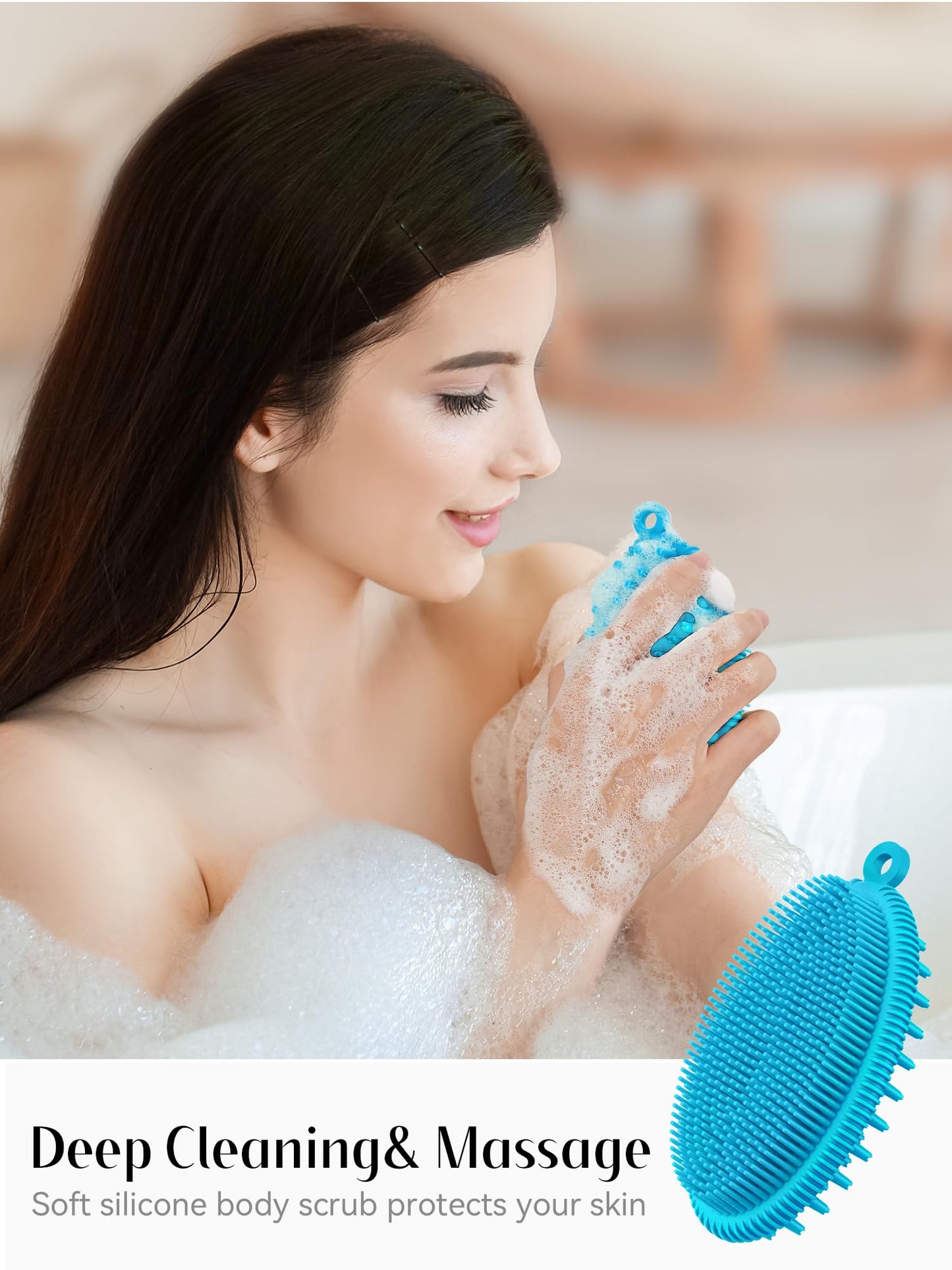 HEETA Silicone Body Scrubber, Gentle Exfoliating Body Scrubber, 2 in 1 Silicone Loofah Brush for Shower, Silicone Body Brush Easy to Clean, Lathers Well, Carry Easily, Blue