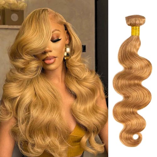ALHER Color #27 Honey Blonde Bundles Human Hair Body Wave, Sew In Weave Wavy Single Bundle for Black Women, 12A 100% Unprocessed Virgin Remy Hair Soft Thick 14 Inch