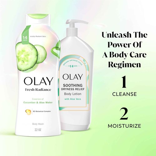 Olay Body Wash for Women, Fresh Radiance, Refreshing & Renewing, Made with Plant Based Cleansers, B3 Botanical Complex, For All Skin Types, Cucumber & Aloe Water Scent, 22 fl oz (Pack of 4)