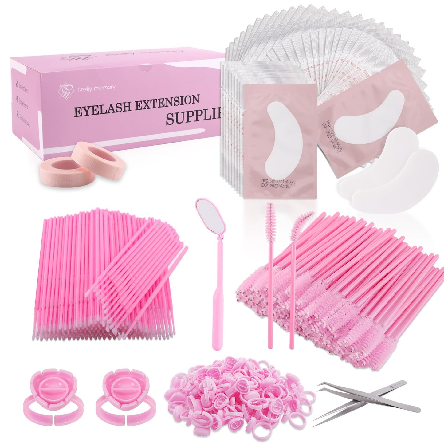 Pretty memory Eyelash Extension Kit,100 Glue Ring Holder | 100 Disposable Mascara Brushes Wands | 100 Pairs Under Eye Gel Pads | 2 Medical Tapes | 2 Tweezers| 1 Lash Mirror - Lash Extension Supplies