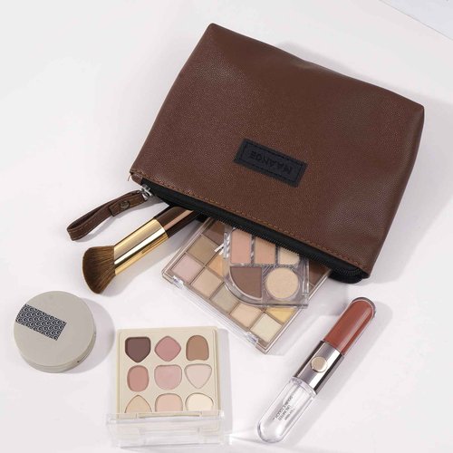Cosmetic Bags for Women Small Makeup Bag for Purse Pu Leather Makeup Pouch Travel Makeup Bag with Zipper Make Up Bag for Travelling (Coffee)