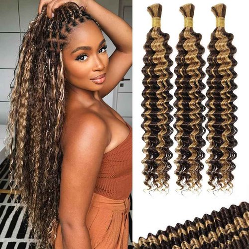 100g 3 bundles Human Braiding Hair Deep Water Wave Bulk 14 Inch P4/27 Curly for Boho Braids Extensions No Weft 3 Braids Per Pack Wet and Wavy Highlight