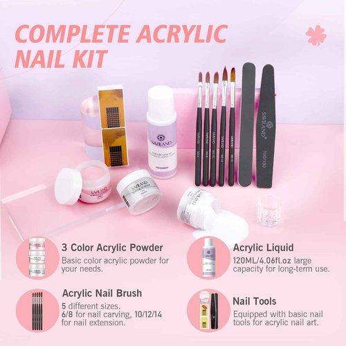 SAVILAND Acrylic Nail Kit: Big Capacity Acrylic Liquid 120ml and 30g Clear Pink White Powder Set with 5 Sizes Brushes for Beginner Nail Kit for Full Professional Nail Art Designs Home DIY Salon Gift